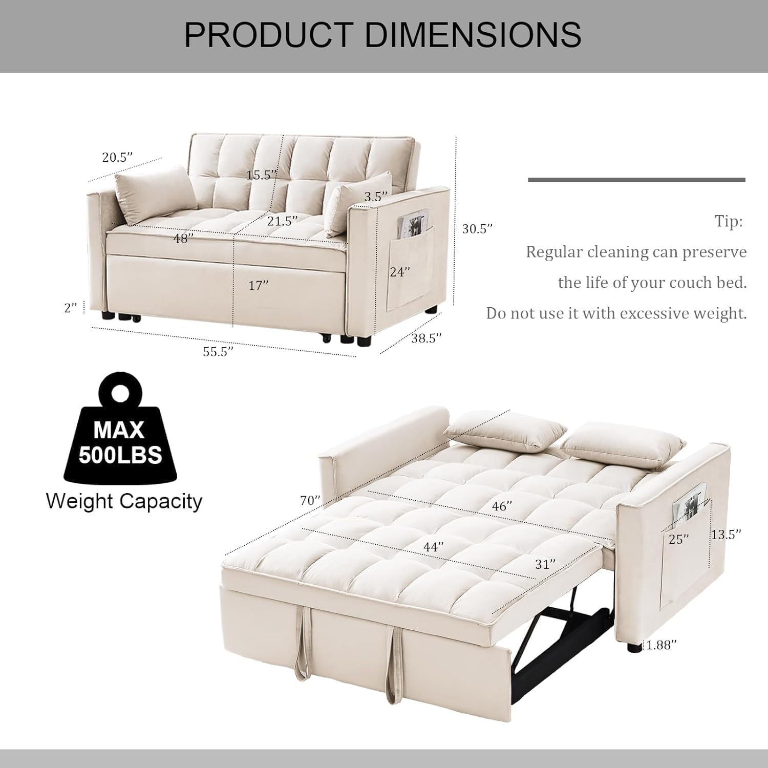 SPOWAY 3 in 1 Sleeper Sofa Couch Bed, Velvet Convertible Loveseat Sleeper Sofa with 3 Level Adjustable Backrest, Storage Pockets, Toss Pillows, Pull Out Loveseat Sleeper for Living Room, Beige