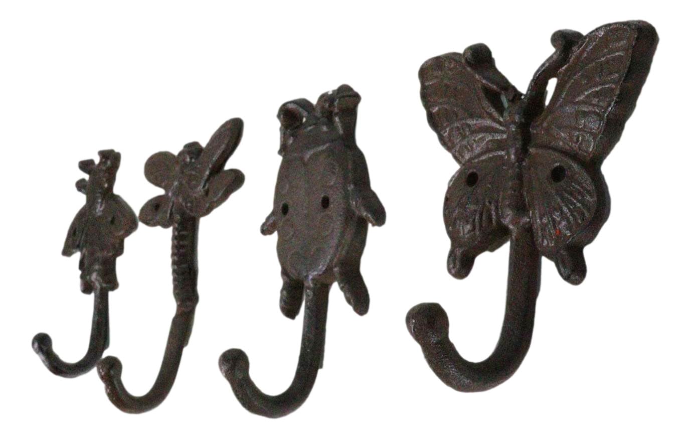 Ebros Set of 4 Cast Iron Vintage Rustic Fancy Bugs Bee Ladybug Butterfly and Dragonfly Wall Hooks Plaque Countryside Western Vintage Cottage Home Or Office Organization