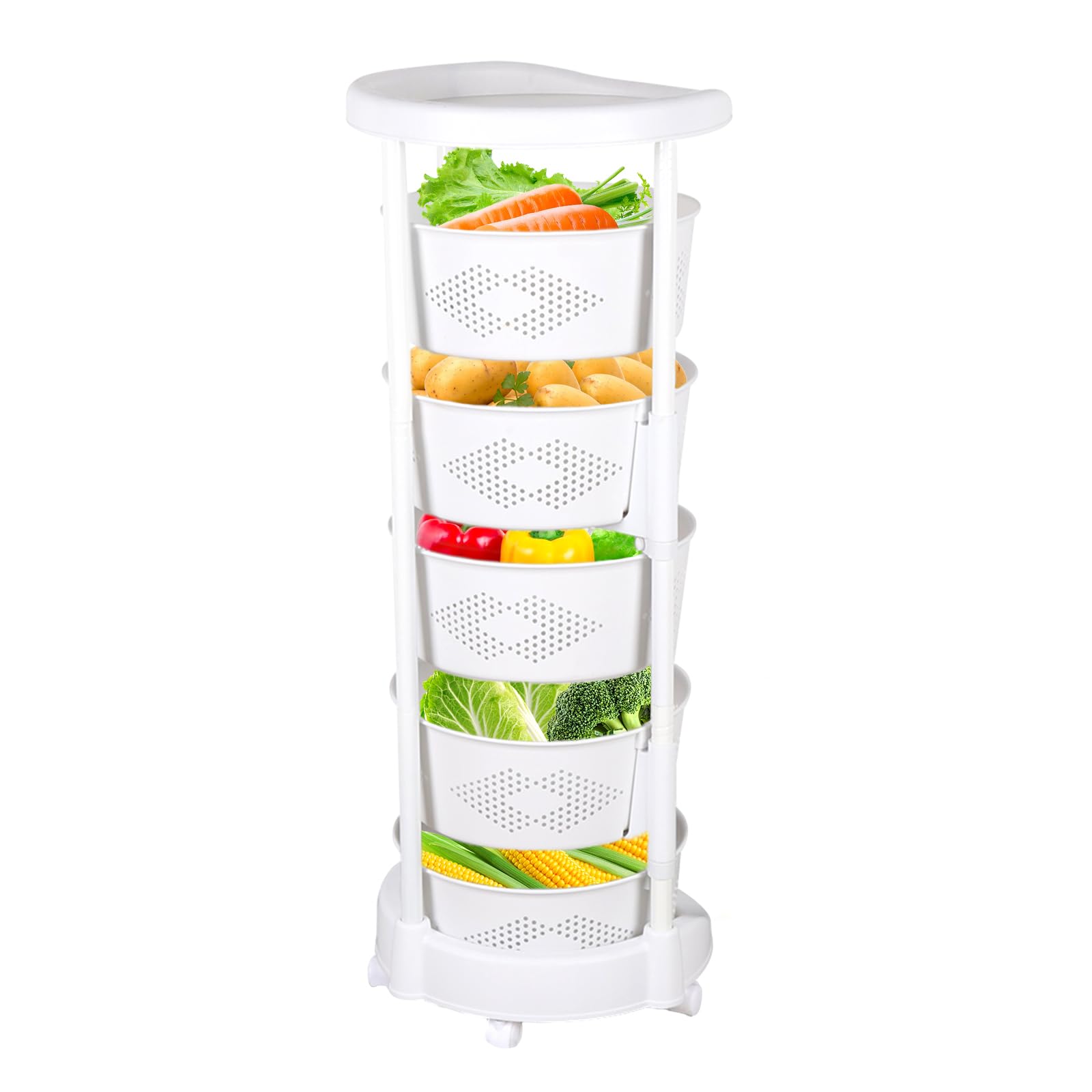 Rotating Storage Rack for Kitchen, 5 Tiers Round Rotating Kitchen Storage Shelf with Wheels, Organization and Storage rack for Fruits and Vegetables, Bathroom Shelf, Kitchen