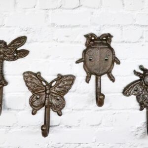 Ebros Set of 4 Cast Iron Vintage Rustic Fancy Bugs Bee Ladybug Butterfly and Dragonfly Wall Hooks Plaque Countryside Western Vintage Cottage Home Or Office Organization