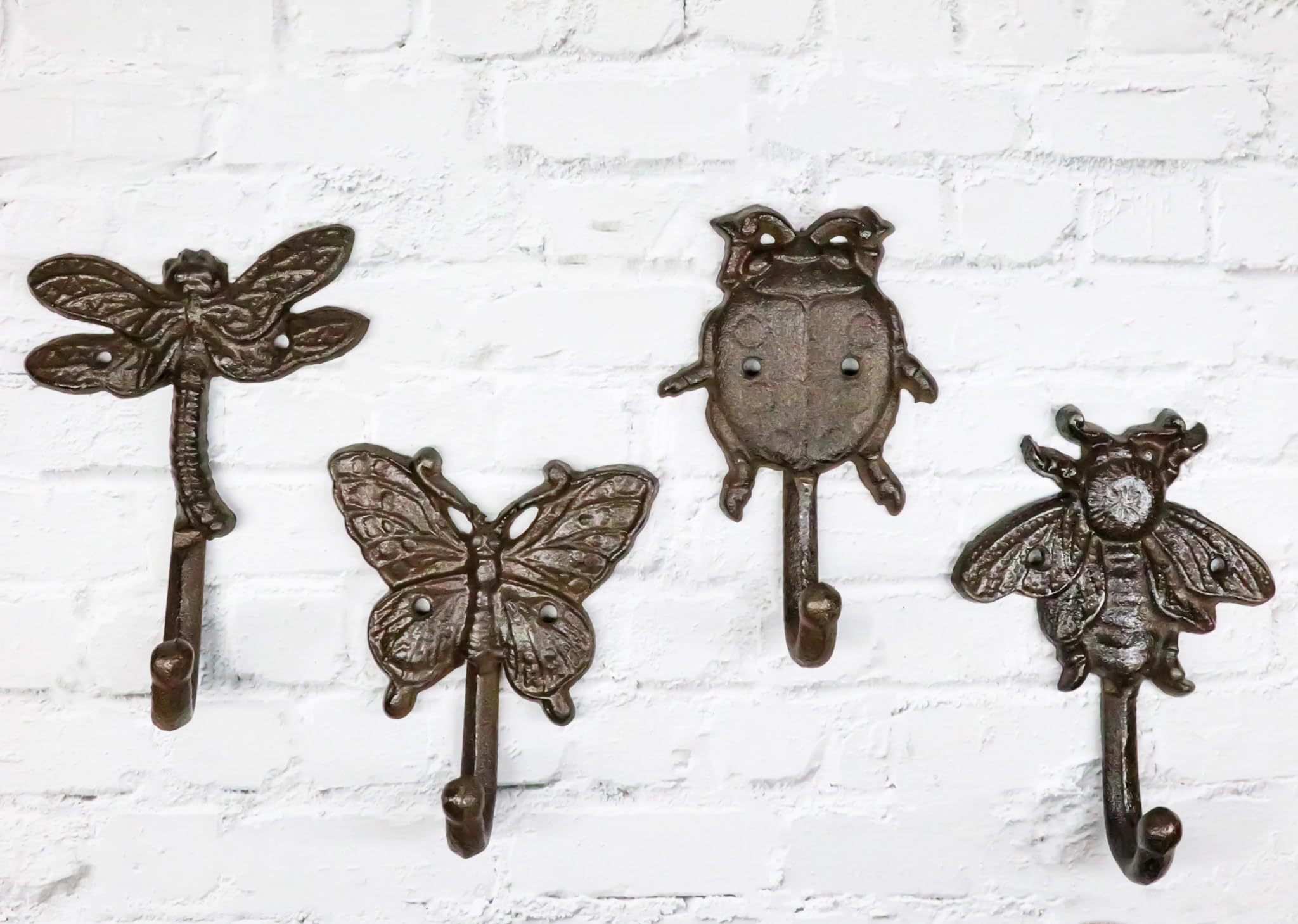 Ebros Set of 4 Cast Iron Vintage Rustic Fancy Bugs Bee Ladybug Butterfly and Dragonfly Wall Hooks Plaque Countryside Western Vintage Cottage Home Or Office Organization