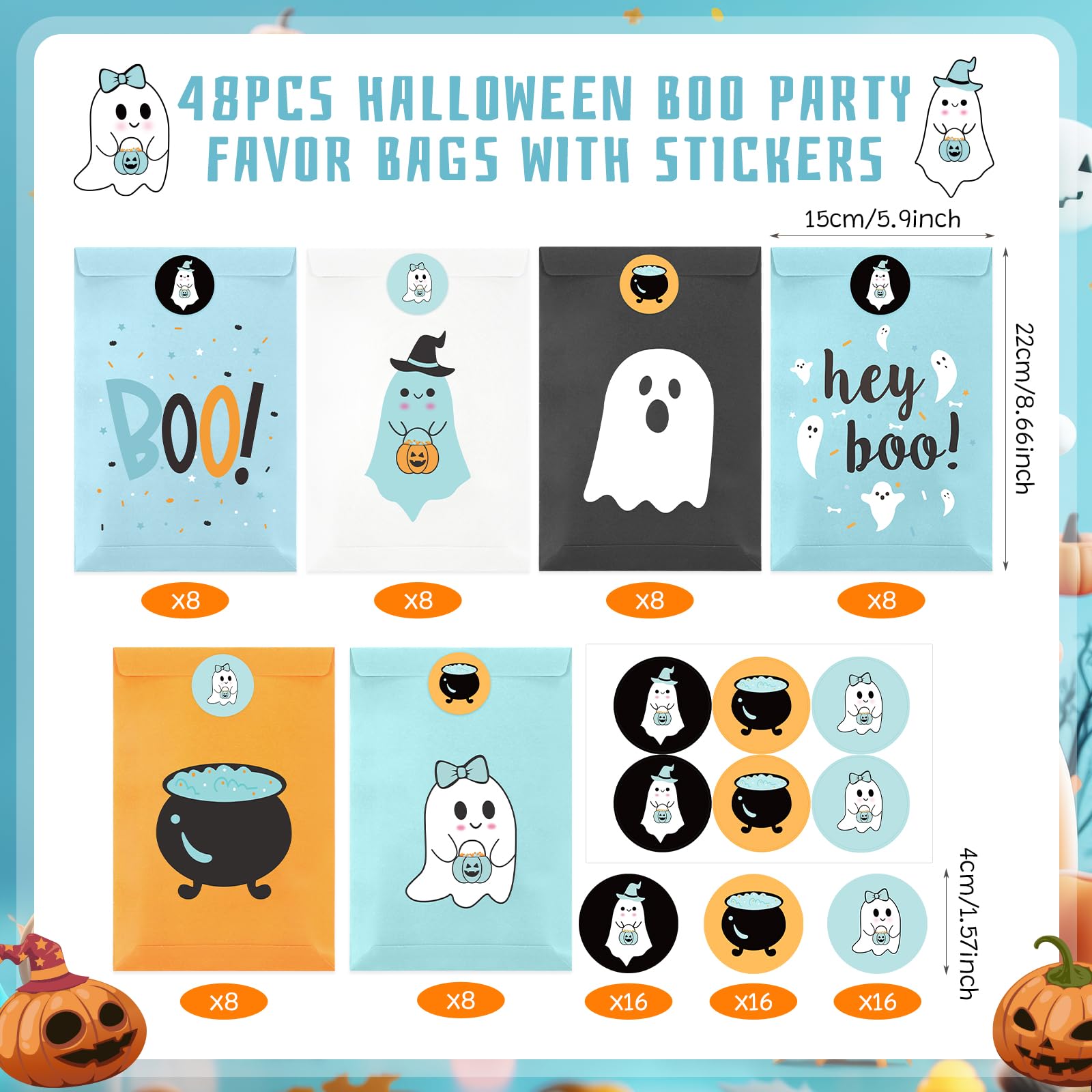 FHzytg 48Pcs Halloween Boo Party Favor Bags, Blue Halloween Ghost Candy Bags Halloween Party Gift Bags for Girl Boy Halloween Spooky Birthday Decorations Boo Baby Shower Happy Boo Day Decorations