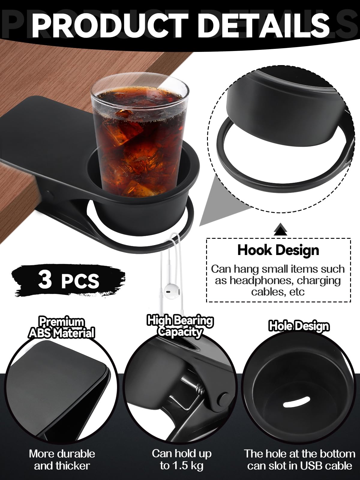 3PCS Drinking Cup Holder Clip, Kalolary Chair Desk Bottle Cup Stand DIY Glass Clamp Storage Saucer Clip for Potted Plant Beverage Soda Coffee Mug Holder Clip for Home & Office (Black)