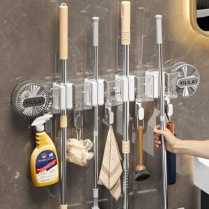 vihogfint mop & broom holder wall mount - suction cup design for easy storage and organization | 4 slots & 5 hooks | perfect for kitchen, garden, closet, laundry room