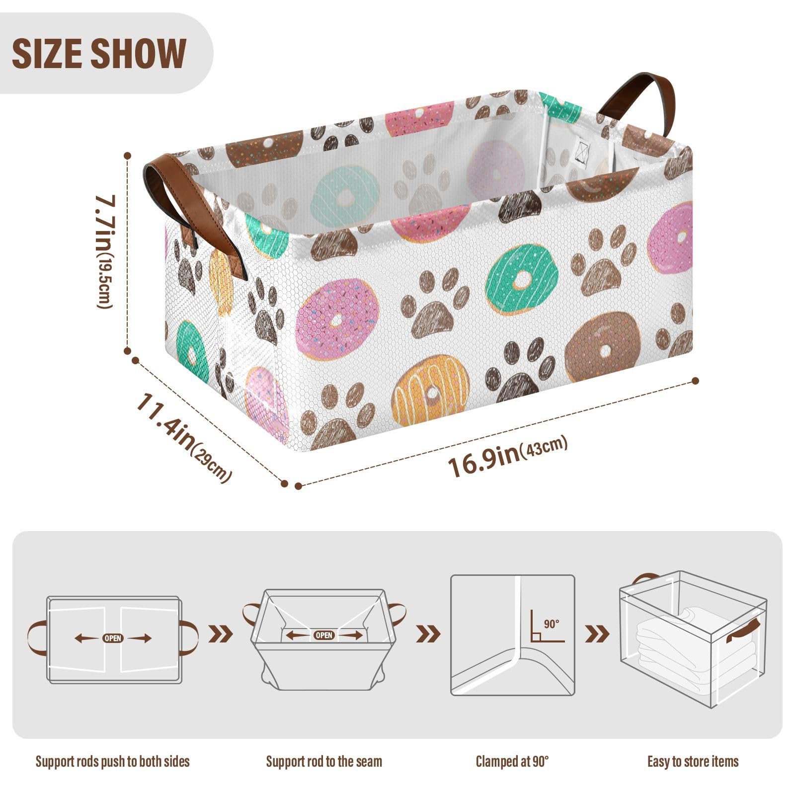 susiyo Colorful Doughnuts Paw Prints Fabric Storage Baskets Small Storage Bins with Handles - 1 Piece