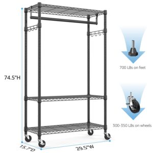 MZG Heavy Duty Rolling Garment Rack 3 Tiers Adjustable Wire Shelving Clothes Rack with Rods and Side Hooks,Storage Closet Clothing Rack with Wheels Black 15.7" D x 29.5" W x 74.5" H