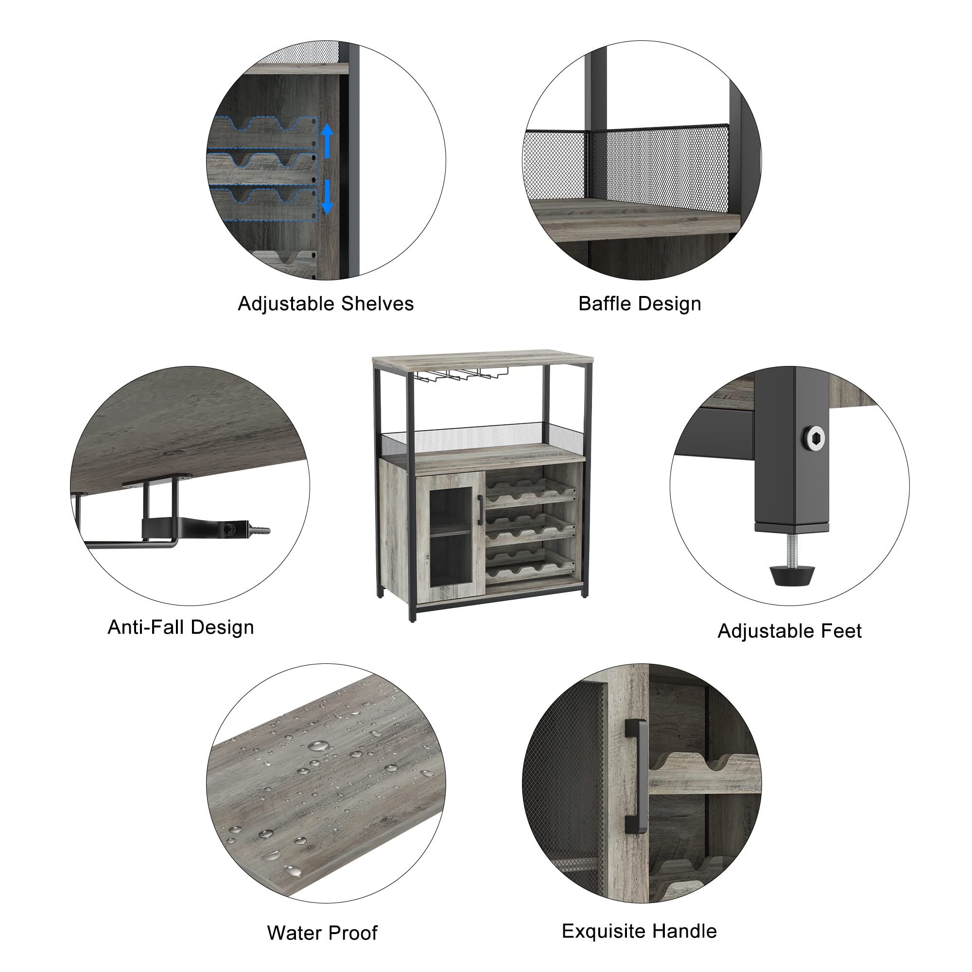 GAOMON Wine Bar Cabinet with Detachable Wine Rack, Bar Rack Cabinet with Glass Holder and 1 Drawer, Mesh Door, Small Sideboard and Buffet Cabinet for Liquor and Glasses