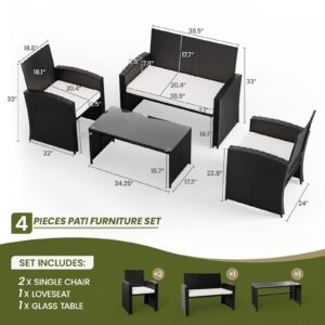 Amopatio Outdoor Furniture Set,4 Pieces Black Rattan Wicker Conversation Sets Sectional Sofa with White Cushions