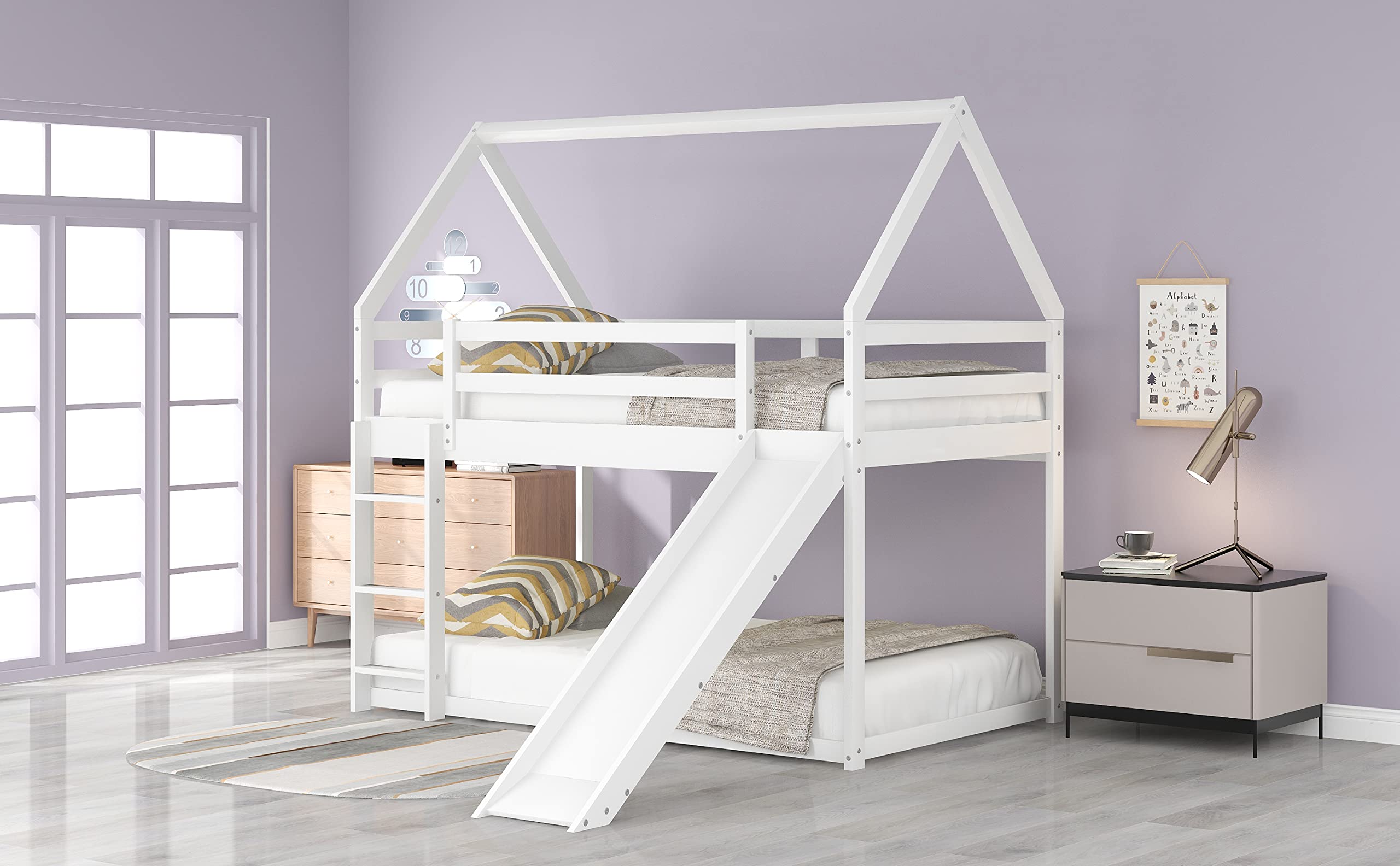 DreamBuck House Bunk Bed with Slide, Solid Wood Low Bunk Bed Twin Over Twin with Roof and Safety Guardrail, Twin Floor Bunk Bed for Kids Teens Girls Boys, No Box Spring Needed, White