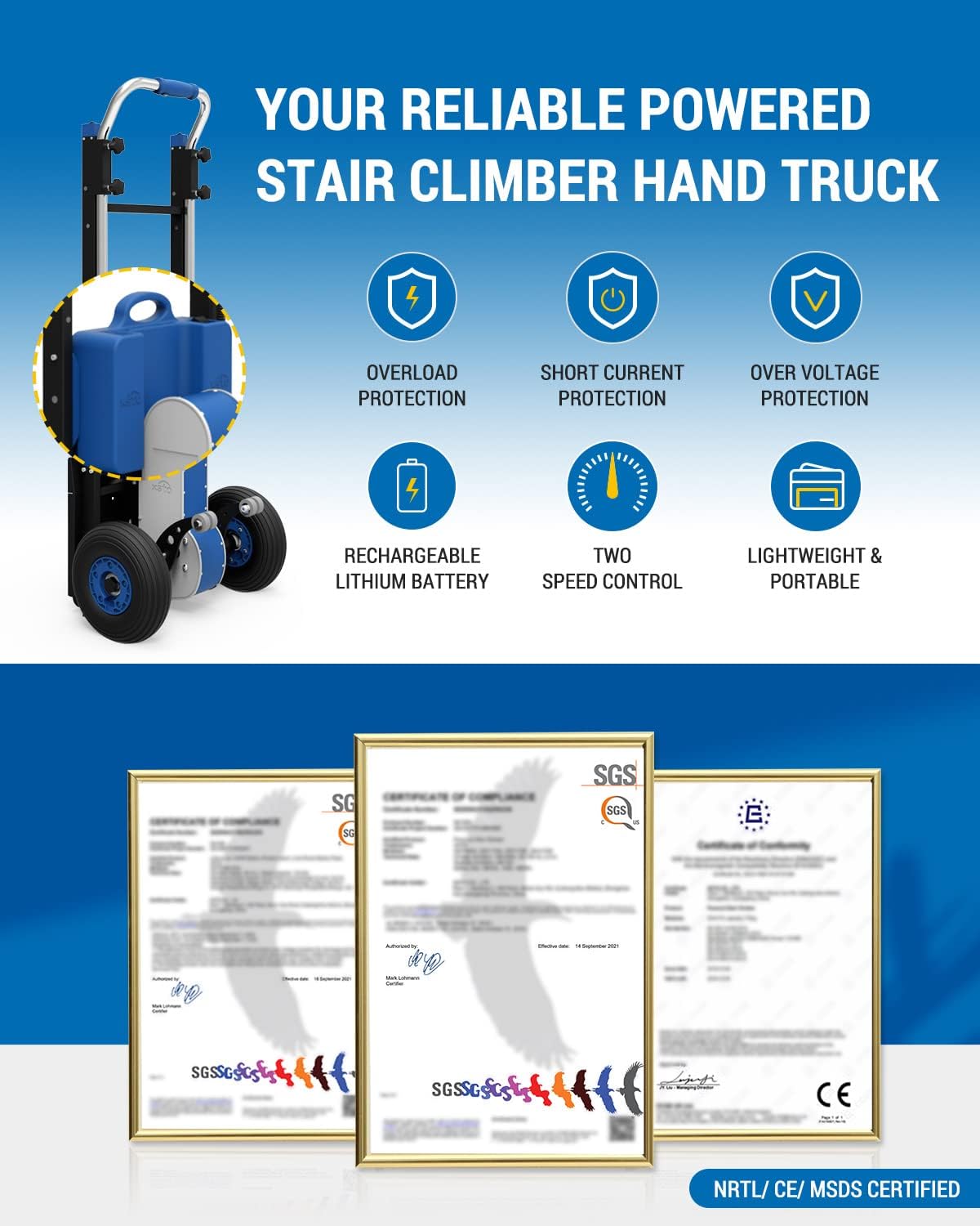 XSTO Electric Stair Climber, 375lbs Load Capacity Aluminum Stair Climbing Dolly Cart, 1200W Peak Power Motor Electric Dolly, Powered Hand Trucks with Ergo Telescoping Handle & Pneumatic Wheels