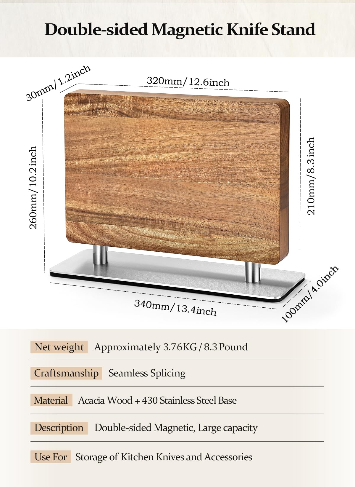 Strong Double Sided Magnetic Knife Block Without Knives, with Acacia Wood+430 Stainless Steel Base，Magnetic Universal Stands with Strong Enhanced Magnets Strip Kitchen Storage Cutlery Large Organizer