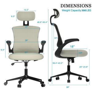 Ergonomic Office Chair, Mesh Desk Office Chair with Adjustable Headrest & Lumbar Support, High Back Task Computer Chair with Flip-up Armrests, Executive Chair for Home Office (Grey)