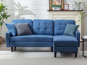 vecelo convertible sectional sofa, modern linen fabric l-shaped couch with reversible chaise for living room/apartment/office, blue