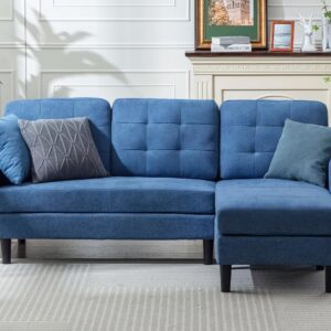 VECELO Convertible Sectional Sofa, Modern Linen Fabric L-Shaped Couch with Reversible Chaise for Living Room/Apartment/Office, Blue