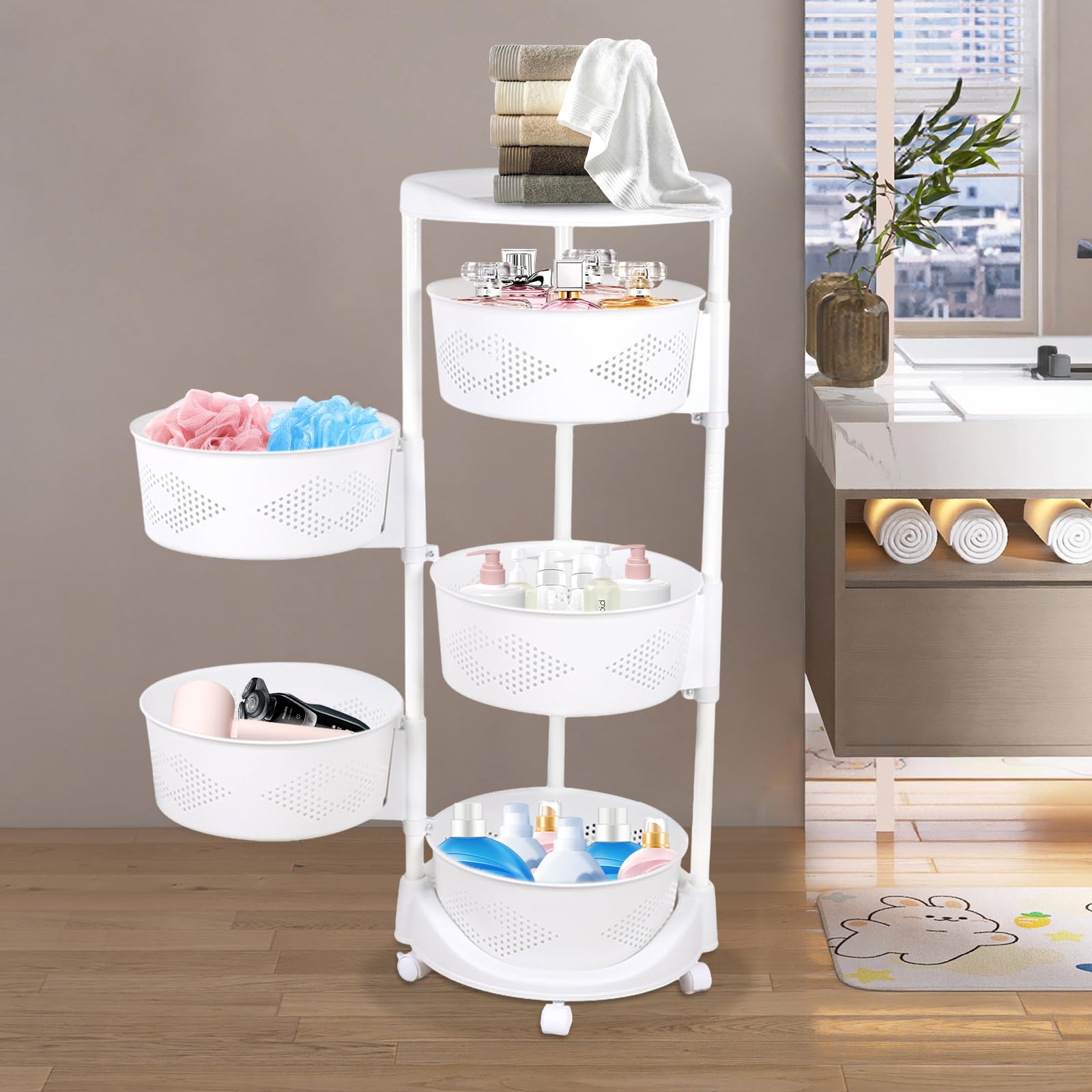 Rotating Storage Rack for Kitchen, 5 Tiers Round Rotating Kitchen Storage Shelf with Wheels, Organization and Storage rack for Fruits and Vegetables, Bathroom Shelf, Kitchen