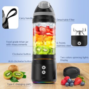 Portable Blender, 300W Personal Mini Blender for Shakes and Smoothies, 24oz Compact Travel Blender with 6000mah USB-C Rechargeable, Intelligent Cleaning Travel Lid & BPA-Free Bottle (Black)