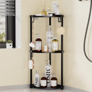 SWTYMIKI Corner Shower Caddy Standing - 3 Tier Stainless Steel Corner Shower Organizer Stand, Large Capacity Floor Shower Shelf with 4 Hooks, Rustproof Shower Storage for Bathroom and Bathtub, Black