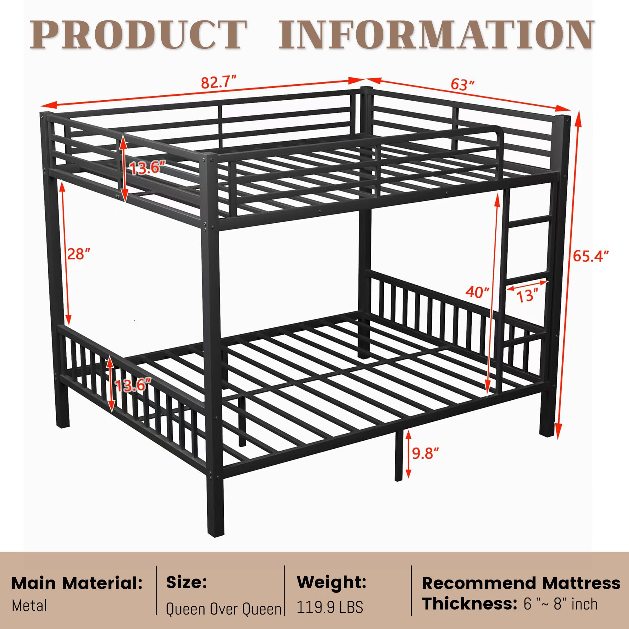 Mirightone Queen Over Queen Bunk Beds for Adults, Metal Bunk Bed Queen Size,Heavy-Duty Bunk Bed Frame with Ladder and Slats Support for Boys Girls,Space-Saving,Noise Reduced,Black