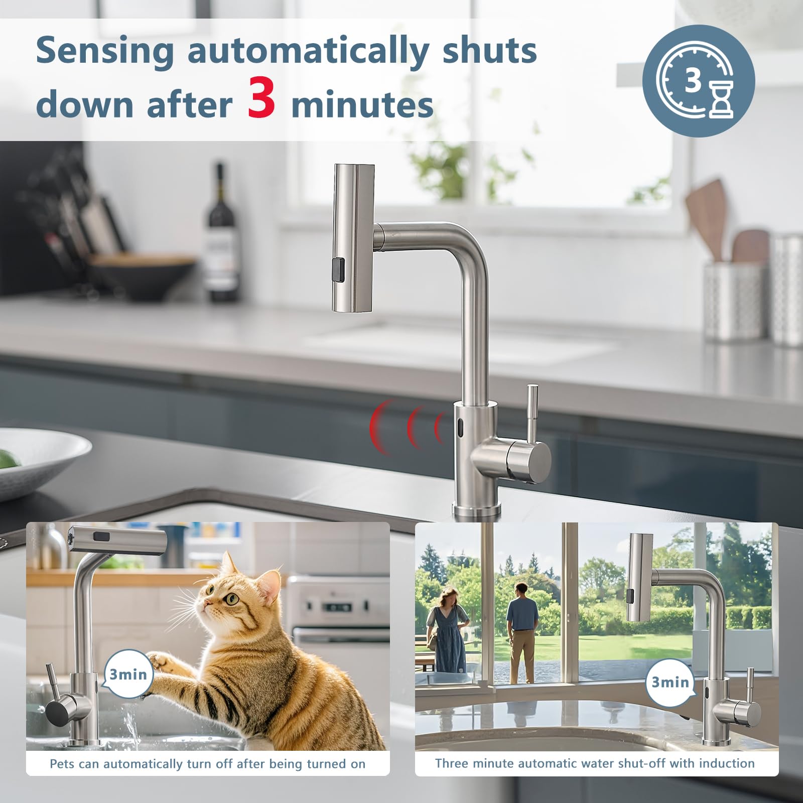 GIMILI Touchless Waterfall Kitchen Faucet with Pull Down Sprayer Brushed Nickel Single Hole Handle Stainless Steel Kitchen Sink Faucets Commercial Modern Faucets for Pull Down Sprayer Kitchen Sinks