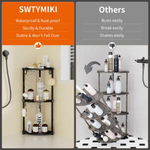 SWTYMIKI Corner Shower Caddy Standing - 3 Tier Stainless Steel Corner Shower Organizer Stand, Large Capacity Floor Shower Shelf with 4 Hooks, Rustproof Shower Storage for Bathroom and Bathtub, Black