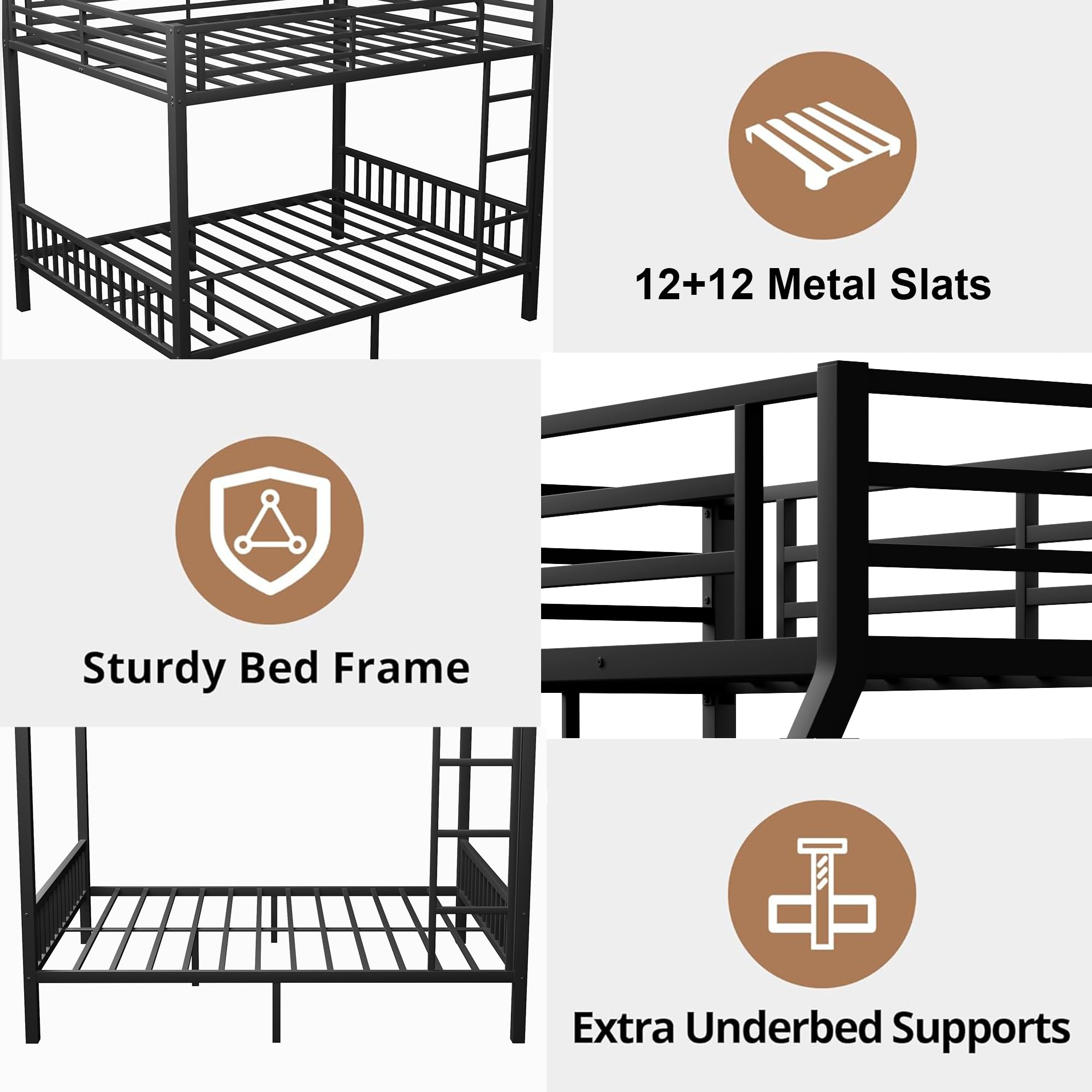 Mirightone Queen Over Queen Bunk Beds for Adults, Metal Bunk Bed Queen Size,Heavy-Duty Bunk Bed Frame with Ladder and Slats Support for Boys Girls,Space-Saving,Noise Reduced,Black