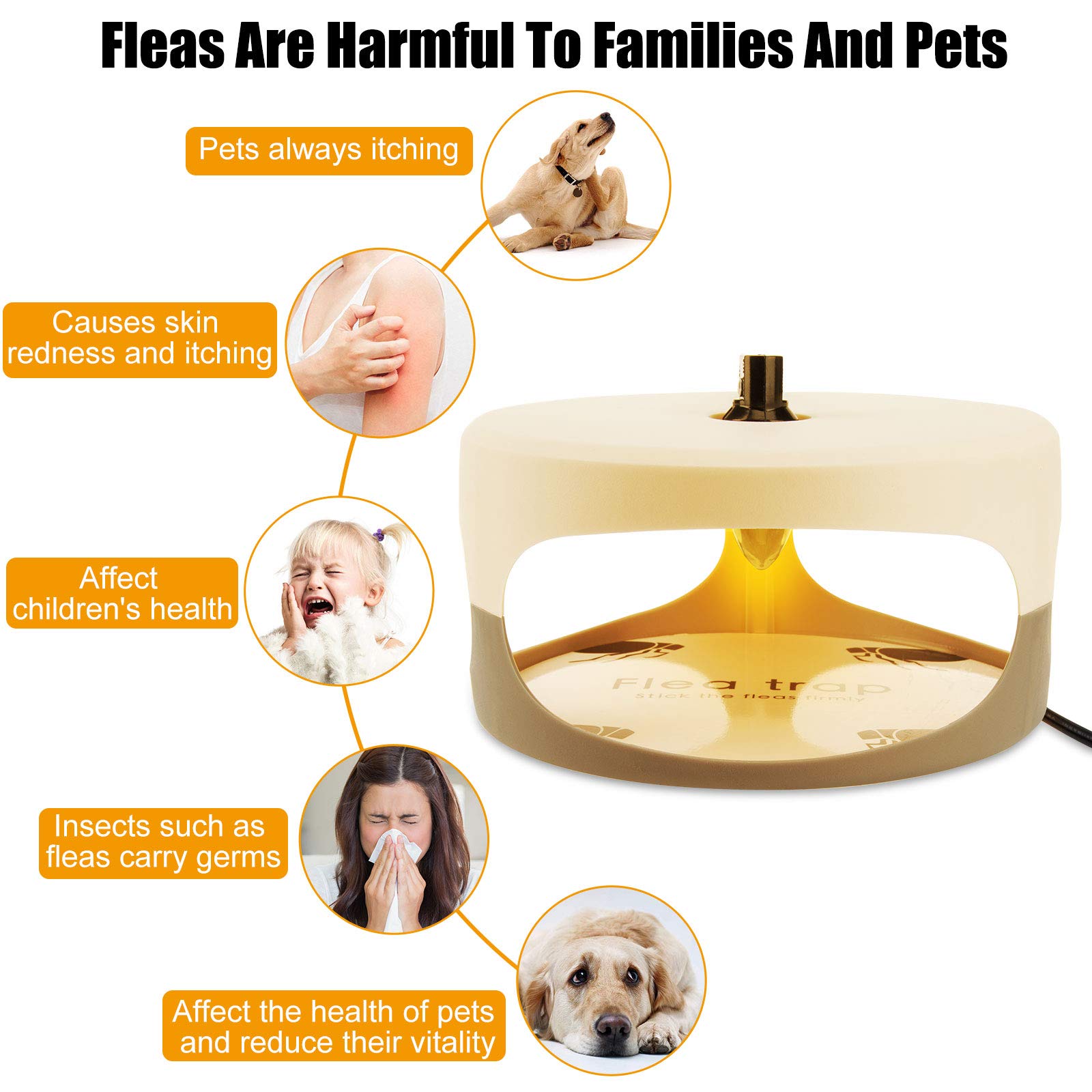 Indoor Sticky Flea Trap, Flea Trap with 2 Glue Discs Odorless Non-Toxic Natural Flea Killer Trap Pad Bed Bug Trap Light Bulb Pest Control for Home House Inside, Safe for Children Pet Dog Cat LB01