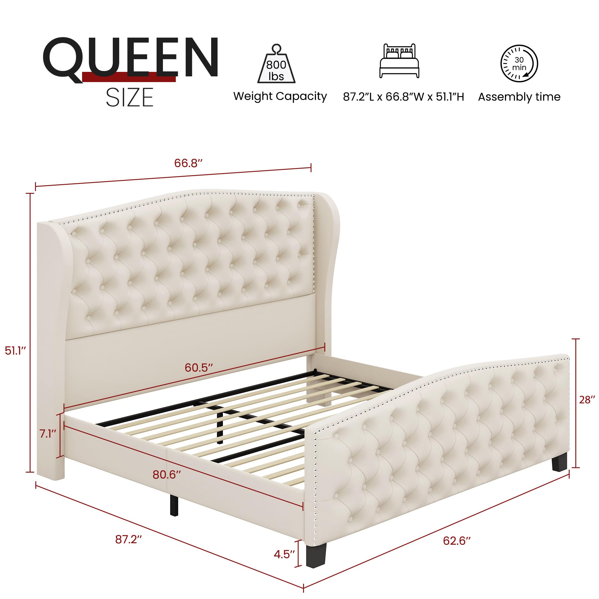 BRELTAM Upholstered Queen Size Bed Frame Velvet Beige Tufted Platform Bed Frame with Wingback Headboard & Footboard, with Deep Button Tufted & Nailhead Wooden Slats Support, No Box Spring Needed