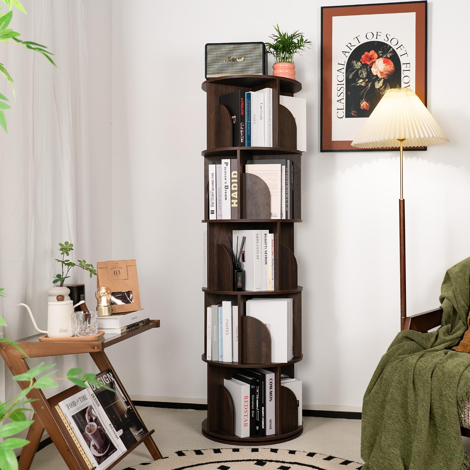 Rotating Bookshelf, Small Corner Bookshelf for Small Space, 360 Display Floor Standing Bookcase Storage Rack, Wood Narrow Book Shelf Organizer for Bedroom, Living Room (18.11"D x 18.11"W x 61.81"H)