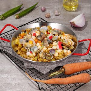 Alunsito Paella Pan, 10 Inch Stainless Steel Skillet Griddle Pan with Red Handle Non-Stick Cooking Pan Suitable for Cooktops Including Induction