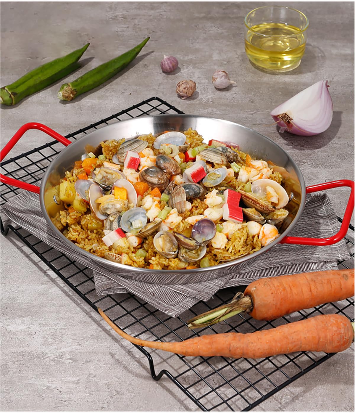 Alunsito Paella Pan, 10 Inch Stainless Steel Skillet Griddle Pan with Red Handle Non-Stick Cooking Pan Suitable for Cooktops Including Induction