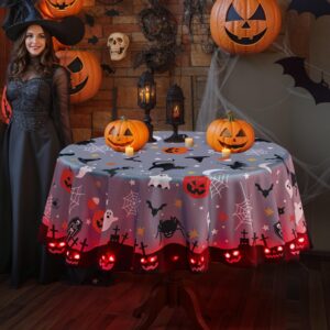 Suppromo Halloween Tablecloth with Lights 60 Inch Round Waterproof Fabric Pumpkin Witches Bat Ghost Table Cloth for Halloween Party Everyday Dinner Table Decorations Halloween Table Cover