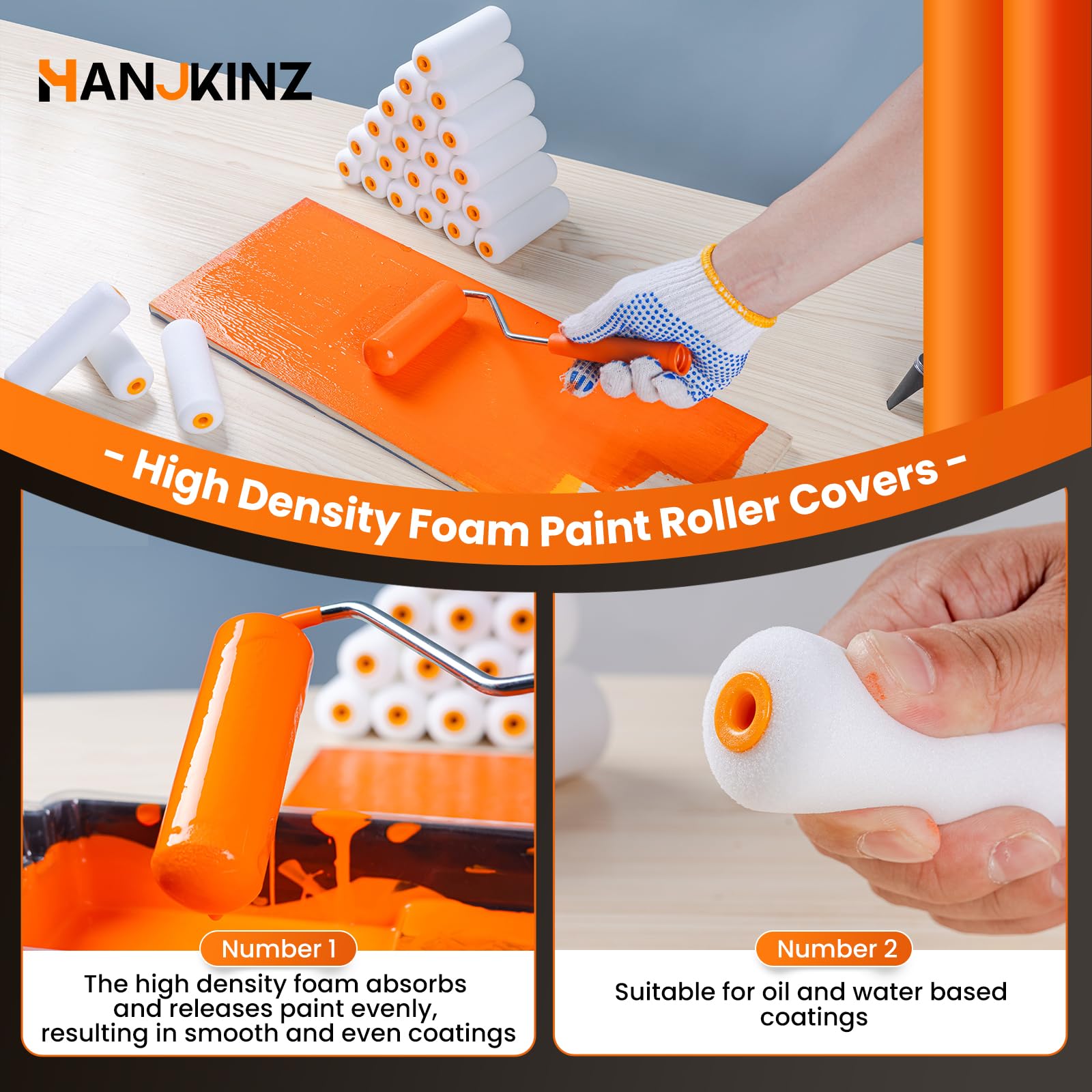 HANJKINZ Foam Paint Roller, 24 Pack, 4 Inch Mini Paint Roller Covers, High Density Foam Paint Roller, Small Paint Rollers for All Flat Surfaces, Suitable for Wall，Kitchen Cabinets, Doors, Tables, Etc