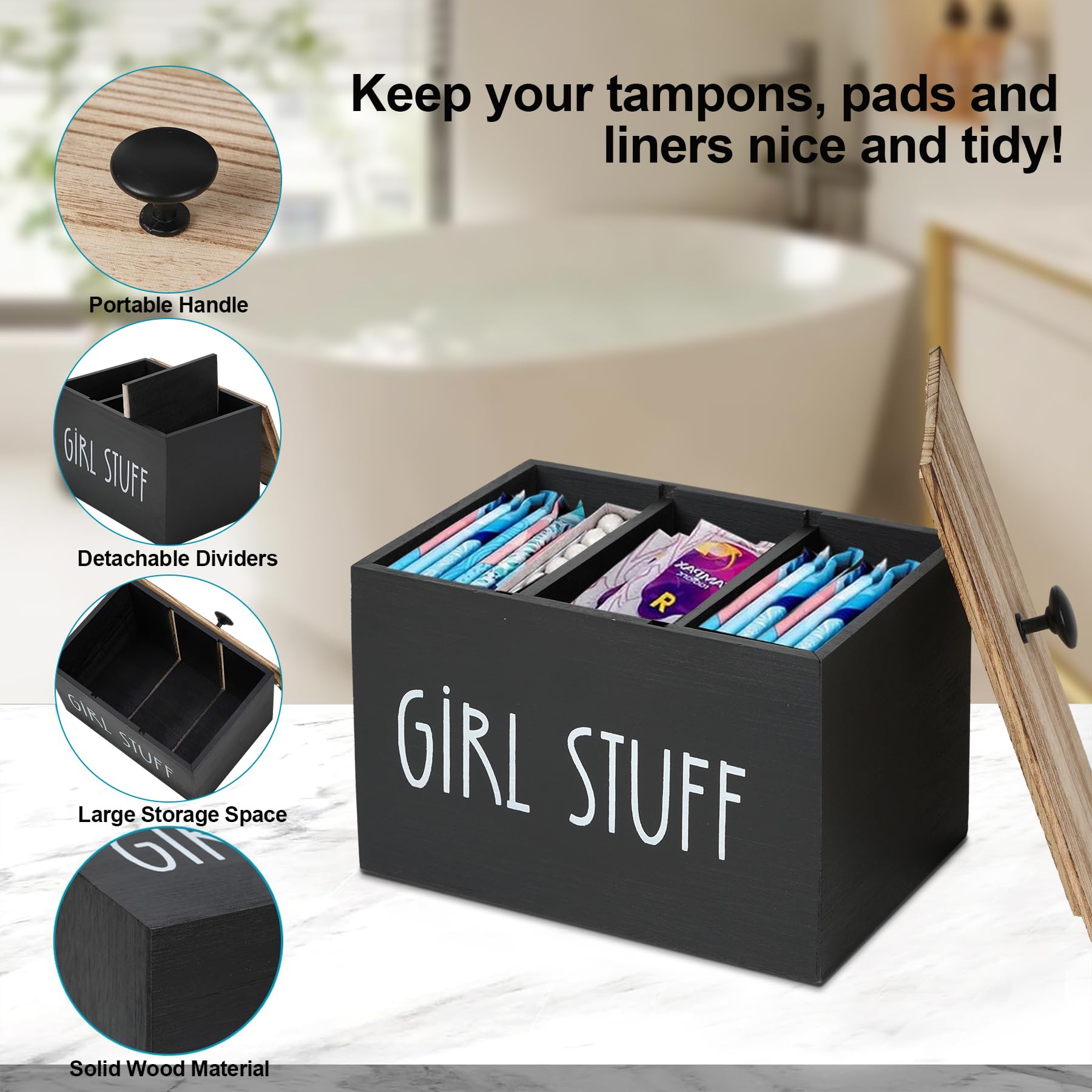 TRSPCWR Tampon Holder for Bathroom, Feminine Product Organizer Pad Organizer, Tampon Container with Canvas Zipper Bags Qtip Holder, Rustic Wood Tampon Storage for Bathroom with Lid, Black