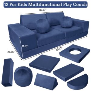 GarveeHome 12PCS Modular Kids Play Couch, Toddler Couch Child Sectional Sofa for Creative Play, Sleeping, Reading, Convertible Sofa Foam Couch Building Fort for Playroom Bedroom, Navy Blue