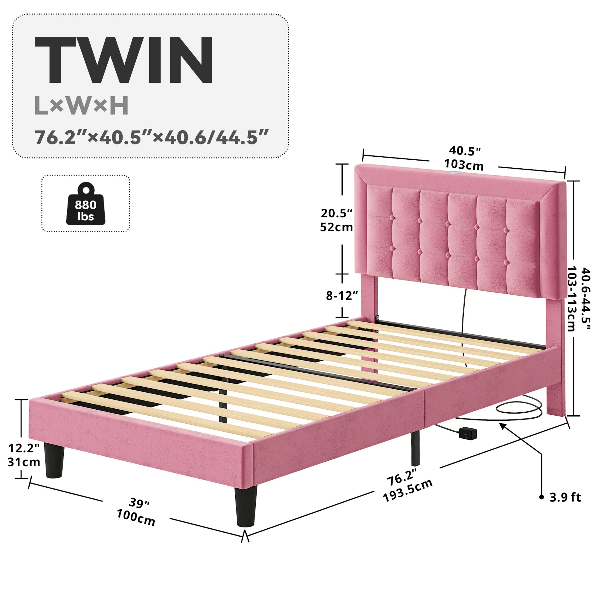 ANCTOR Twin Bed Frame with USB Ports, Velvet Upholstered Platform Bed with Height Adjustable Headboard, Heavy Duty Metal Support Legs, Stable, Durable, No Box Spring Needed, Noise-Free, Easy Assembly