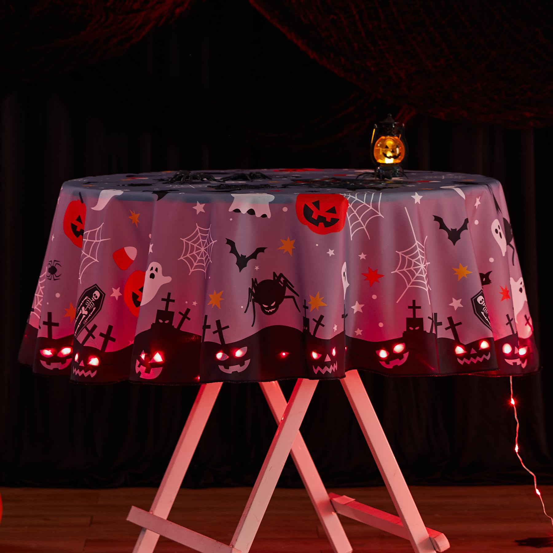 Suppromo Halloween Tablecloth with Lights 60 Inch Round Waterproof Fabric Pumpkin Witches Bat Ghost Table Cloth for Halloween Party Everyday Dinner Table Decorations Halloween Table Cover