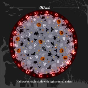 Suppromo Halloween Tablecloth with Lights 60 Inch Round Waterproof Fabric Pumpkin Witches Bat Ghost Table Cloth for Halloween Party Everyday Dinner Table Decorations Halloween Table Cover