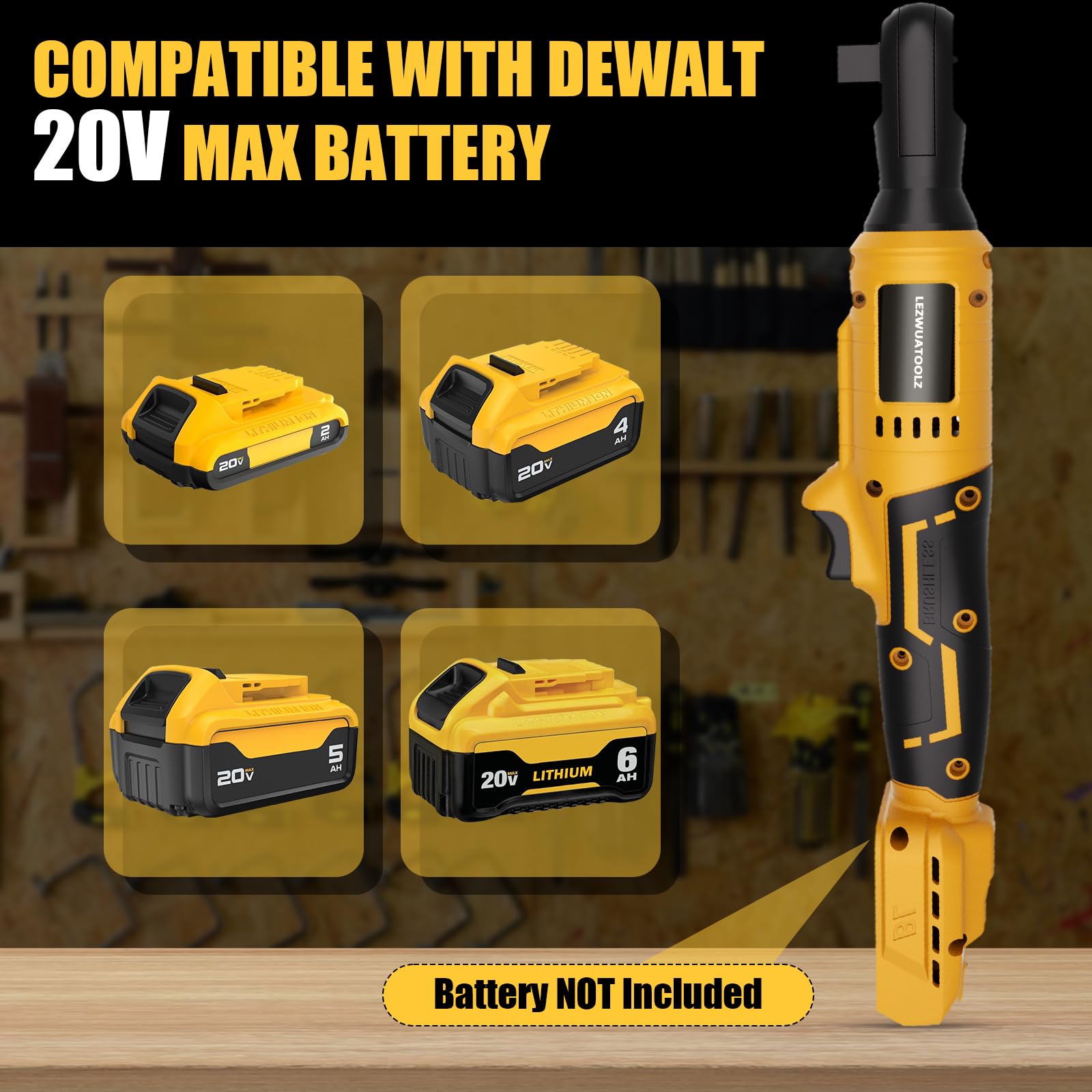 Lezwuatoolz 3/8" Brushless Cordless Ratchet, Electric Ratchet Compatible with DEWALT 20V Battery, 74Ft-Lbs Ratchet Wrench with Variable Speed Trigger, 3/8" to 1/4" Adapter, 3" Extension Bar(Tool Only)