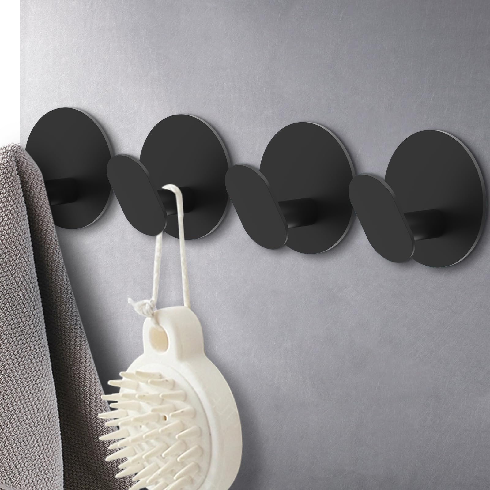 Bntuk Adhesive Hooks, 4 Pack Towel Hooks Wall Hooks for Bathroom, Kitchen - Bath Robes Coat Hook for Hanging(Matte Black, Stainless Steel)