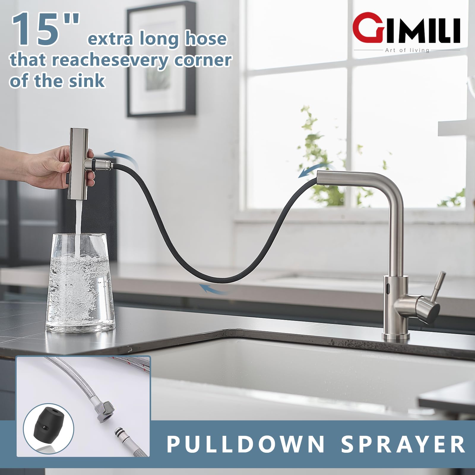 GIMILI Touchless Waterfall Kitchen Faucet with Pull Down Sprayer Brushed Nickel Single Hole Handle Stainless Steel Kitchen Sink Faucets Commercial Modern Faucets for Pull Down Sprayer Kitchen Sinks