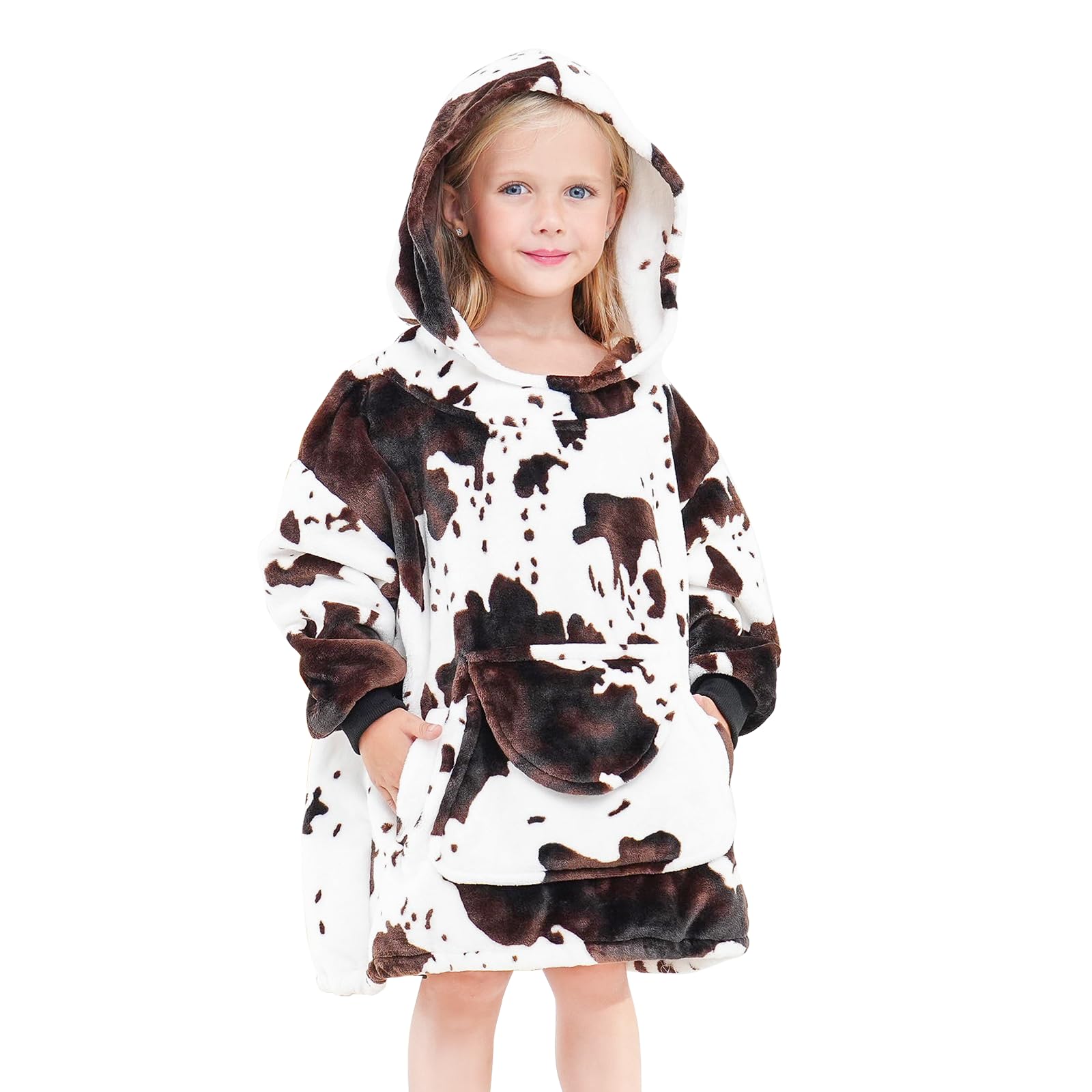 cow print Wearable Blanket Hoodie for Kids Oversize Blanket Hoodies Cozy Black and White Fleece Sweatshirt Blanket Gifts for Girls Boys 2-5 Year Old