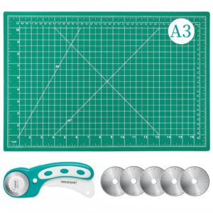 amasewart 45mm rotary cutter and mat set, fabric cutter wheel and mat, 12x18 inch self healing sewing cutting mat and fabric rotary cutter with 5pcs rotary blades for quilting patchworking crafts