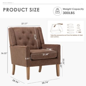 COLAMY Mid-Century Accent Chairs, Modern Wingback Living Room Chair, Upholstered Armchair with Button Tufted Back and Wood Legs for Bedroom/Reading Spaces/Office, Brown