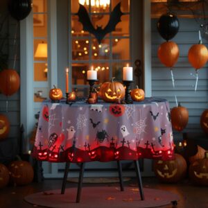 Suppromo Halloween Tablecloth with Lights 60 Inch Round Waterproof Fabric Pumpkin Witches Bat Ghost Table Cloth for Halloween Party Everyday Dinner Table Decorations Halloween Table Cover