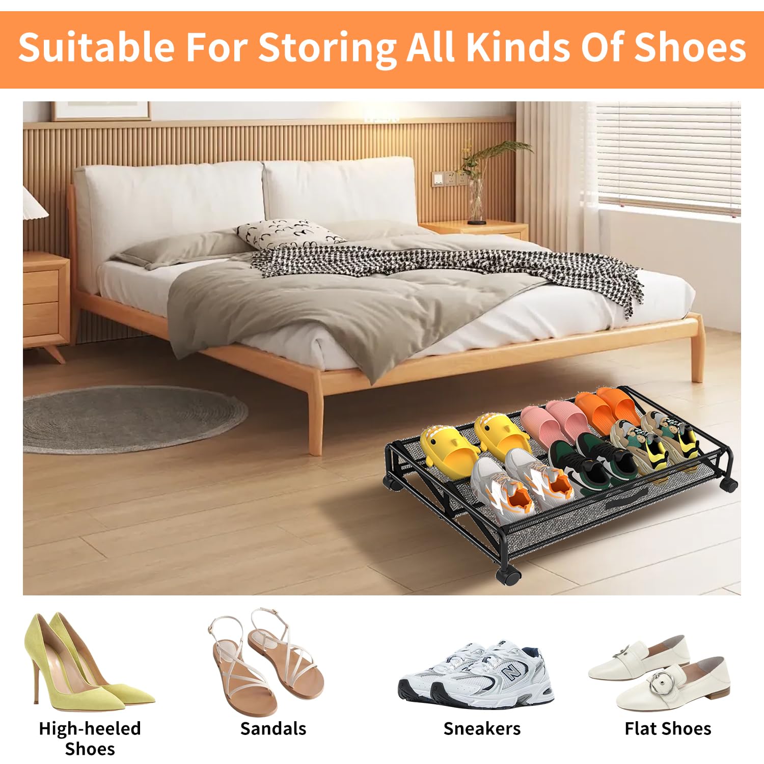 Under Bed Shoe Storage Organizers with Wheels and Handles 2 PACK,Rolling Under Bed Storage Containers for Shoes Mesh Fabric and Carbon Steel Pipe Shoe Organizer Under Bed Shoe Rack Fits 12 Pairs Shoes