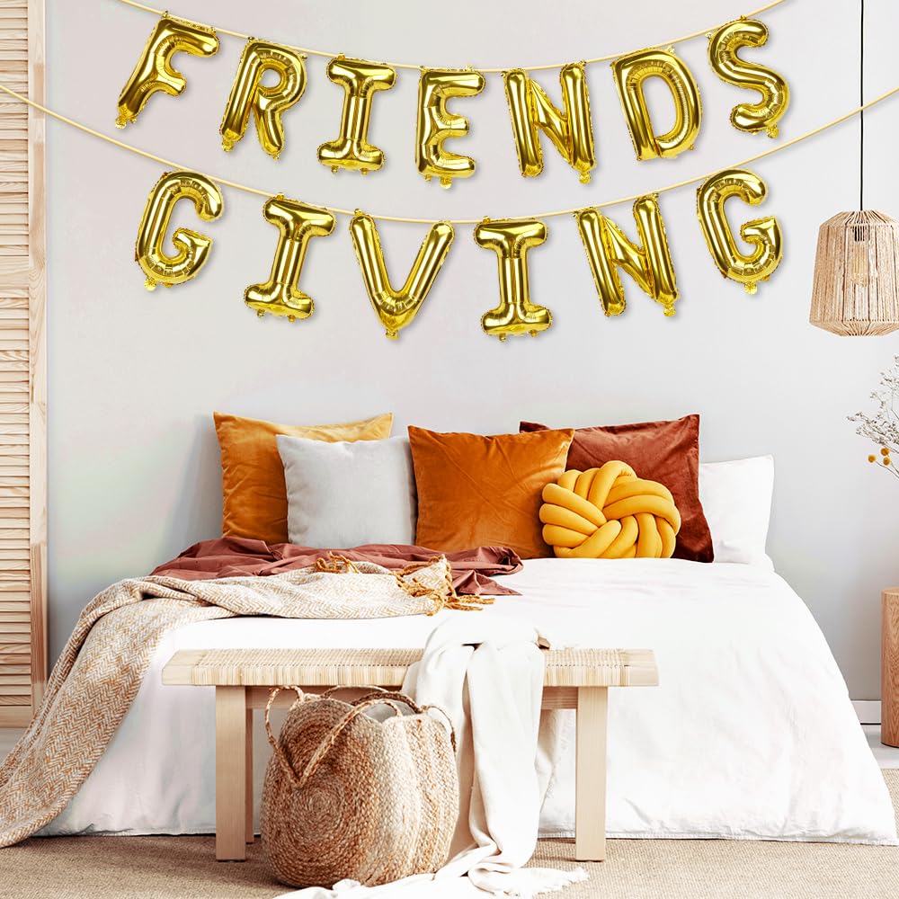 Friendsgiving Balloons, Friends Giving Banner for Party Decorations, Foil Balloons for Friendsgiving Decor (Gold)