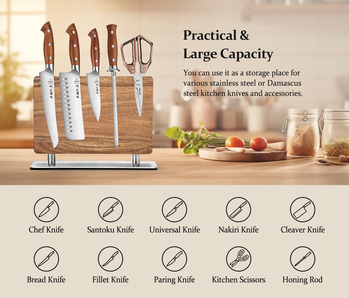 Strong Double Sided Magnetic Knife Block Without Knives, with Acacia Wood+430 Stainless Steel Base，Magnetic Universal Stands with Strong Enhanced Magnets Strip Kitchen Storage Cutlery Large Organizer