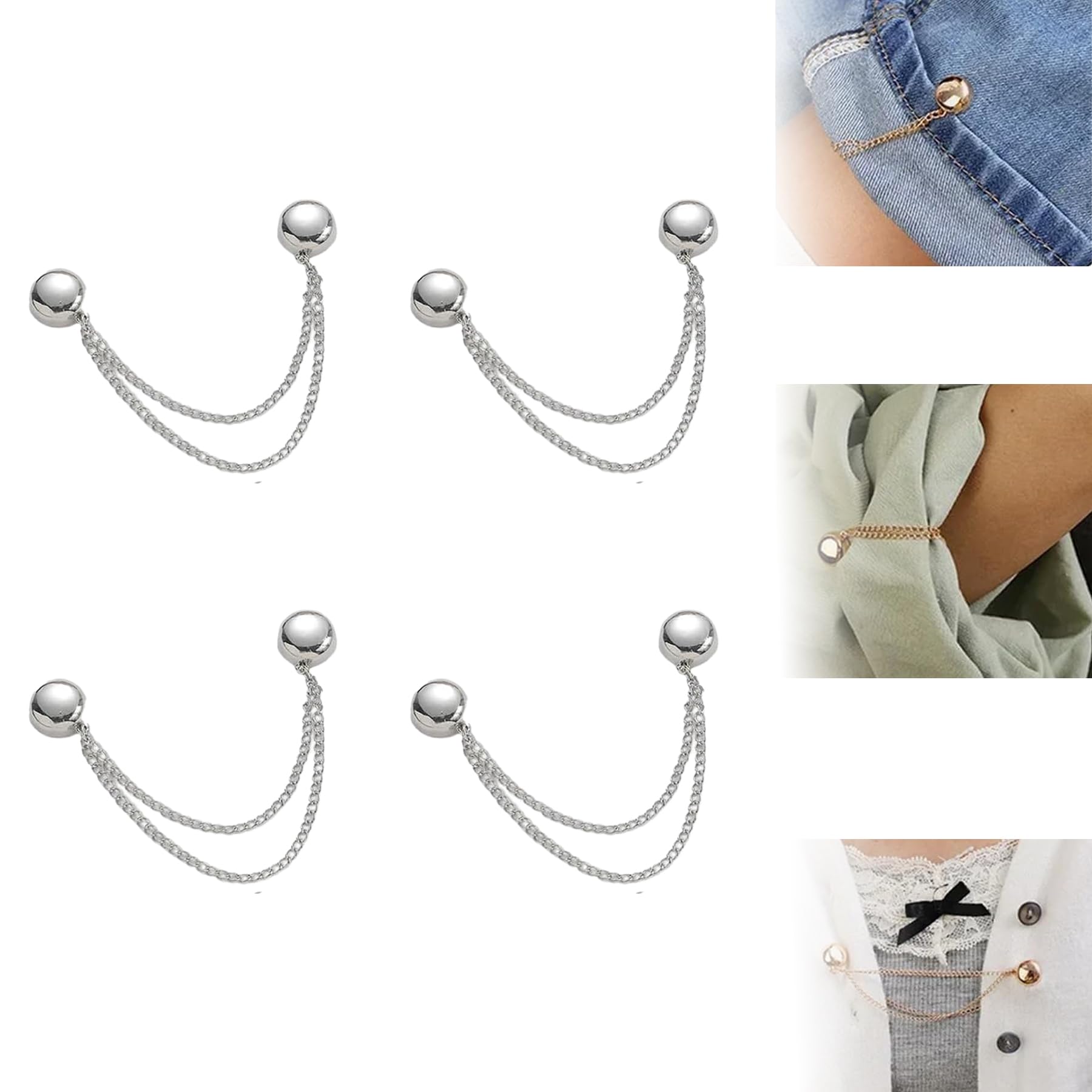 Multi-Function Magnetic Clothing Clips, 4 Pack Powerful Hijab Magnets with Chain, Multi-Purpose Magnetic Pinless Brooch, for Cardigan, Cuff Hem (Silver)