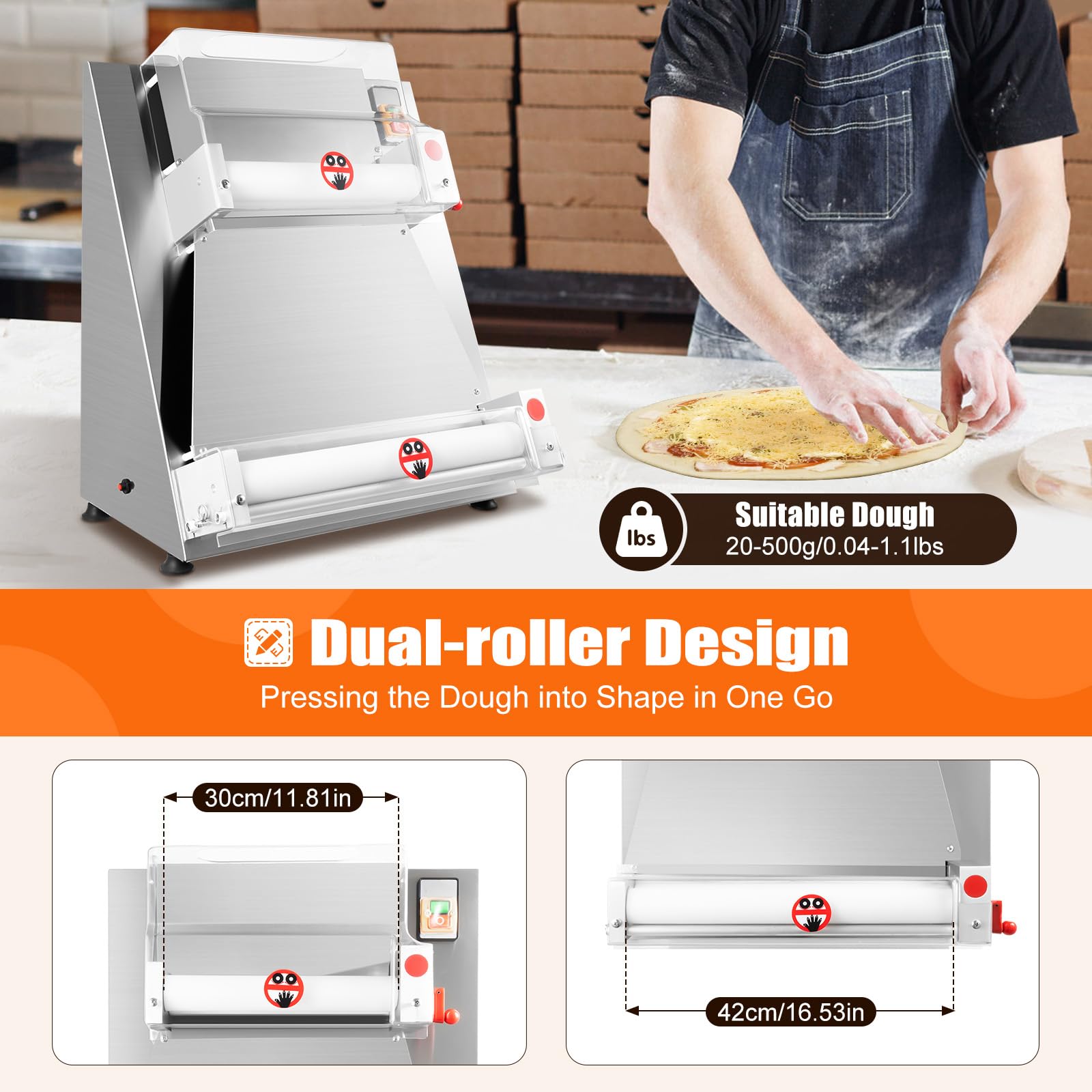 AGULIUM Pizza Dough Roller Sheeter Max 15.74" Automatic Commercial Dough Roller Machine Stainless Steel Pizza Dough Roller 370W Dough Sheeter Machine for Home and Pizza Bread Shops