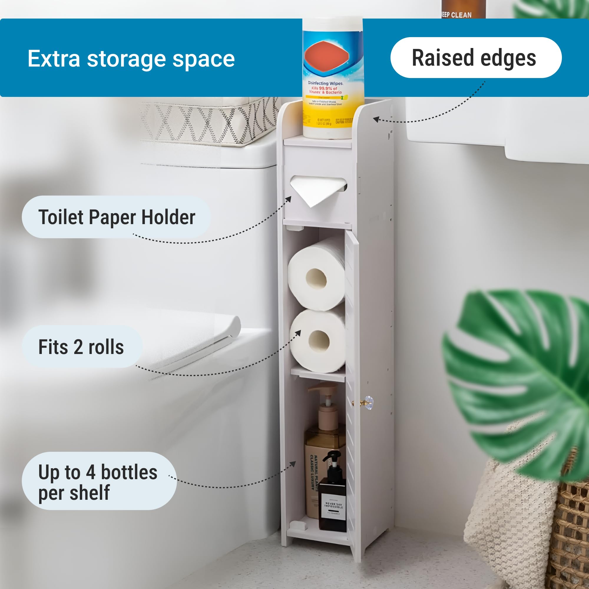 WOWZILLA Small Bathroom Storage Cabinet, White Bathroom Cabinet for Small Spaces, Next to Toilet Storage Slim Bathroom Organizers and Storage Cabinet with Shelves and Two Ventilation Door Holes